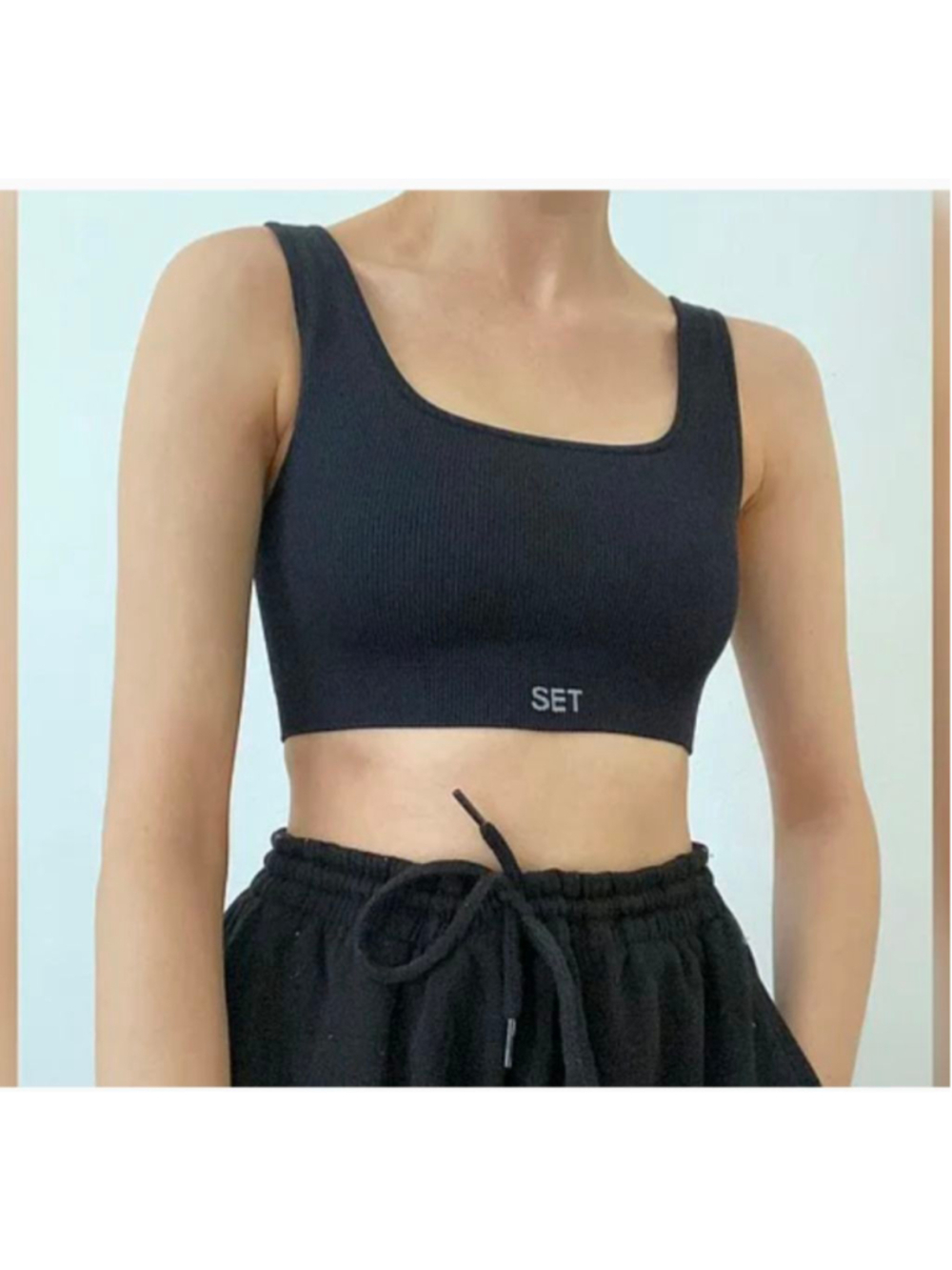 SET Active Sculptflex Ribbed Sports Bra S Boxcut Square Neck Black Onyx Athletic